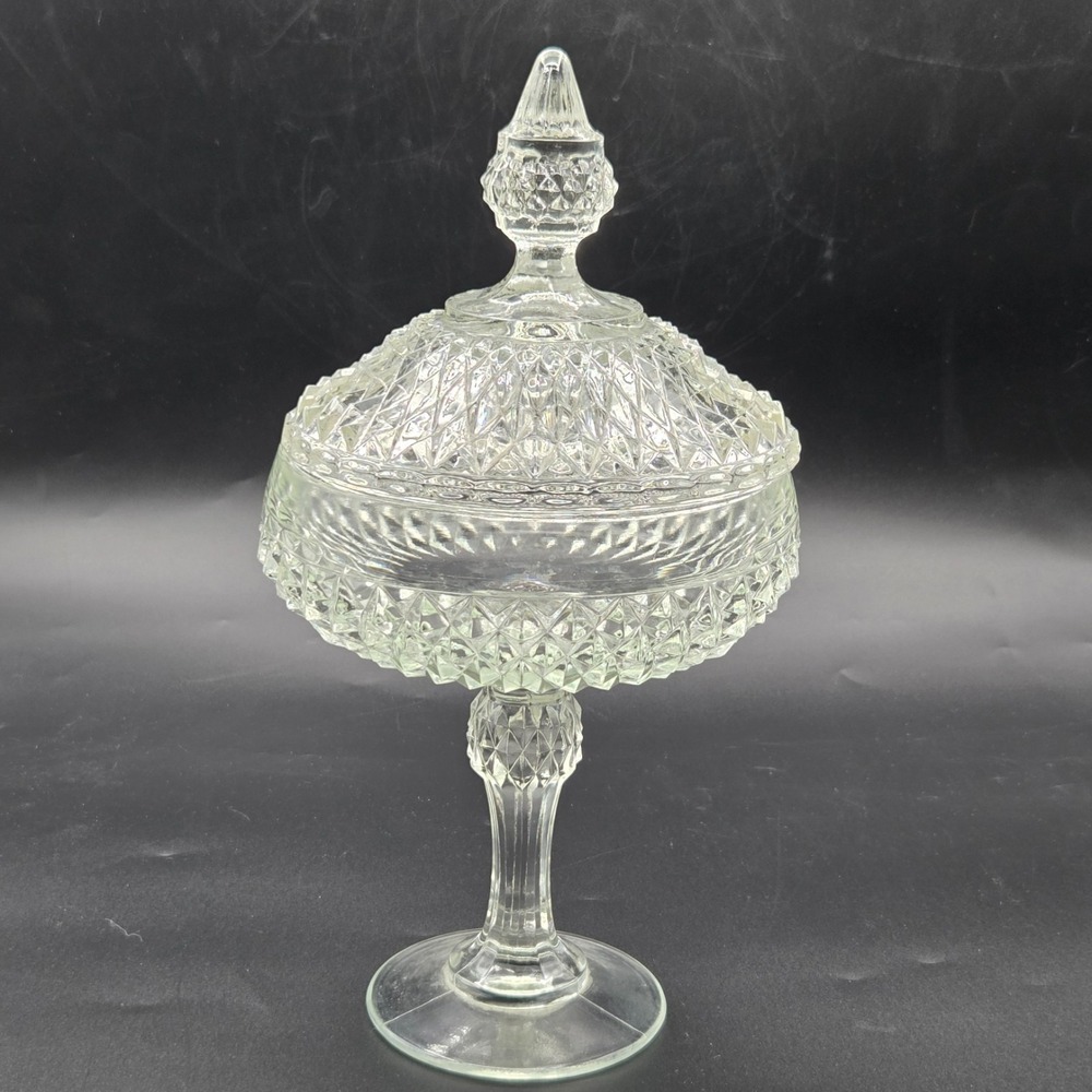 Vintage Indiana‎ Glass Diamond Point Compote / Candy Dish with Lid  12"  tall